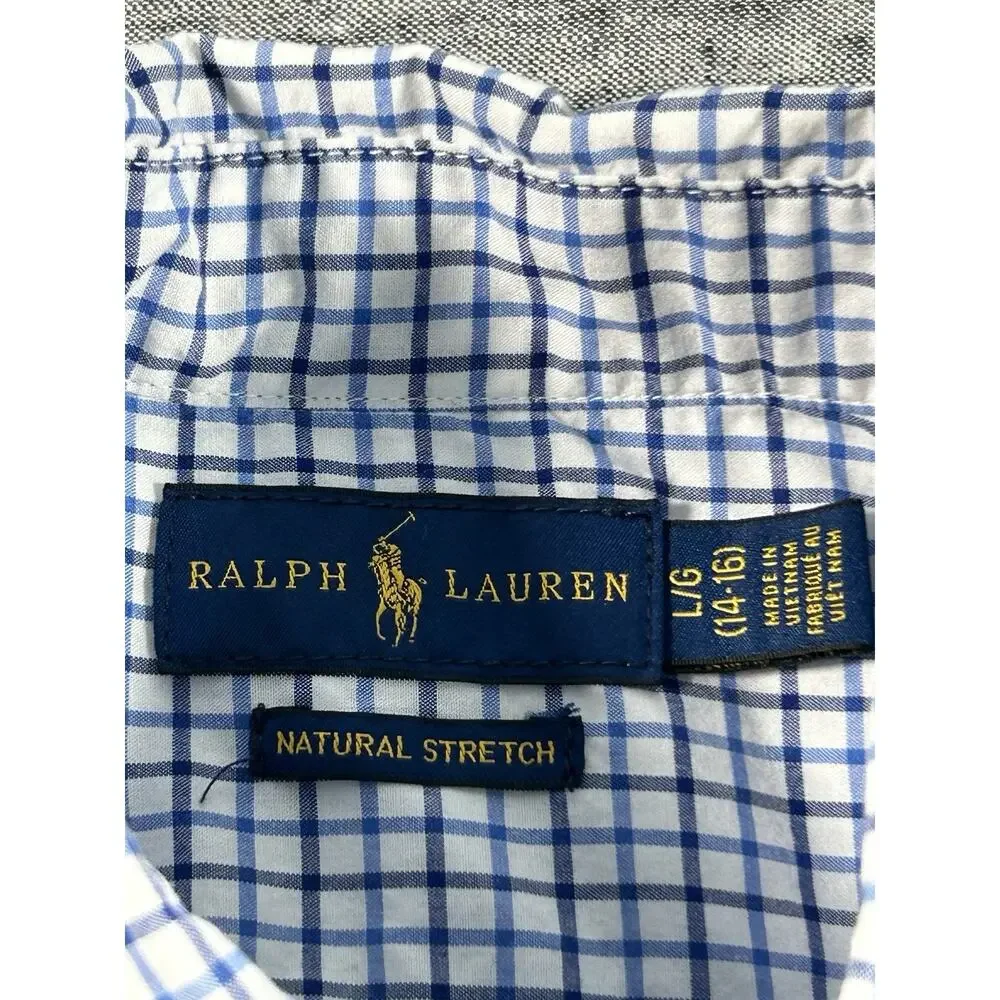 Ralph Lauren Natural Stretch Shirt Boys Large 14-16 Plaid Long Sleeve Cotton